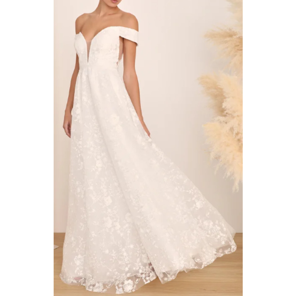 LULU'S S White Fairytale Love Story Lace Off-the-Shoulder Neck Maxi Dress B52
